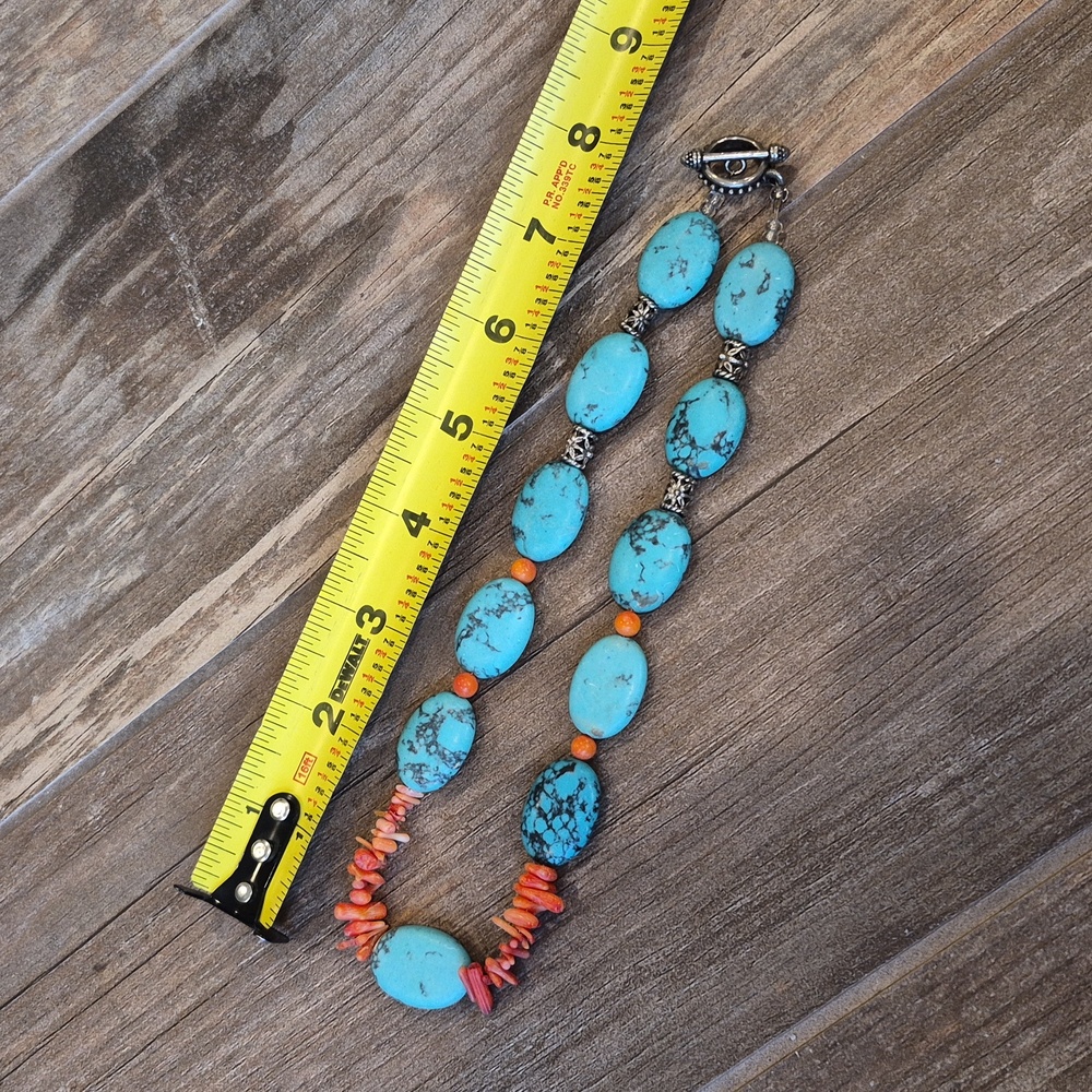 Vintage Turquoise Howlite & Orange Coral Beaded Silver Tone Statement Necklace - Picture 9 of 9